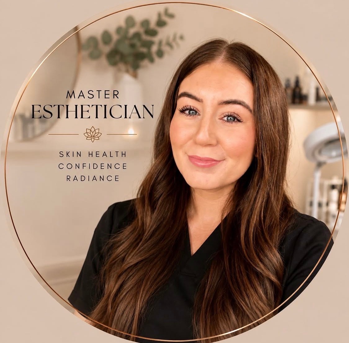 Mariah, a licensed Master Esthetician, wearing black professional attire in a skincare treatment room.